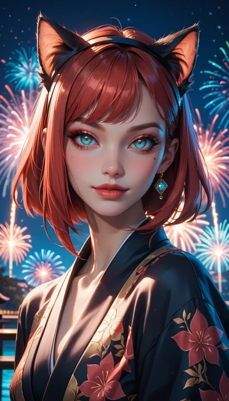 score_9, score_8_up, score_7_up, Portrait, girl, cute, seductive, innocent, light smile:0.3, plump lips, slender body, cat ears cyberpunk spy lord, kimono, bob hair, radiant color, pale turquoise and red hair, ghostly fantasy settlement in a Mudflat, night, fireworks background, 4n1v3rs3, depth of field, dynamic angle, fashion photography, sharp, hyperdetailed:1.15