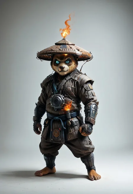 masterpiece, best quality, newest,
 eyecatching composition, dynamic pose, dynamic angles, detailed background of bamboo forest, Asian conical hat, strawhat, obsidian conical hat,
A Shadow faster than the light
Like cosmic fire his presence is
Shining in the night
Born from high technology
Too fast for human eyes to see
A soldier made of cyber steel
Create to kill the enemy
By neutreon power he is ready to strike
Can you feel the fire
See the anger in his burning eyes
He's the Super Sonic Samurai
By jetpack power he's ready to fly
He's the Super Sonic Samurai
Laser Katana high up to the sky
For the Super! Sonic Samurai!
((barefoot plantigrade furry male, panda bear, chubby)), (((jade fur)))