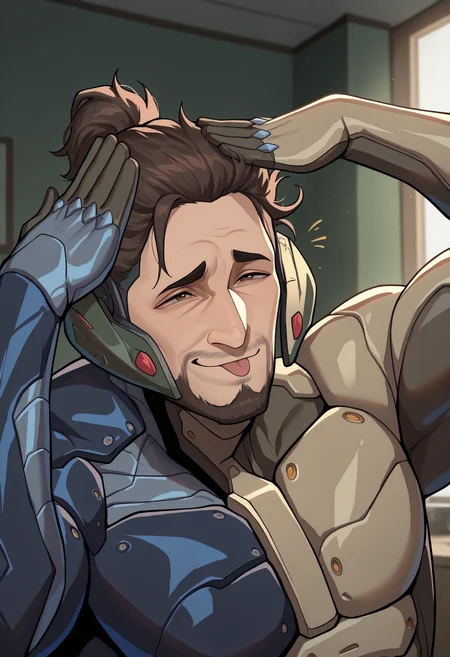 masterpiece, best quality, newest, absurdres, highres, AhEtoBlehMeme, closed eyes, tongue out, :p, hands on own head, smile, <lora:AhEtoBlehMeme_illusXLNoobAI_Incrs_v1-000008:1>, upper body, indoors, <lora:JetstreamSam_illusXL_Incrs_v1:0.8> JetstreamSam, brown eyes, cyborg, bodysuit, headgear, beard,