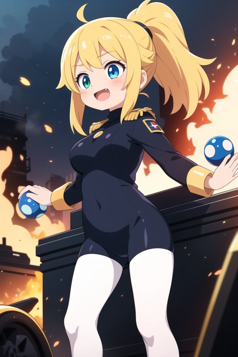 Tools used : a1111, depth midas (0.5), krita || Keywords : girl, young, cute, (oily skin), (shiny body), (slender, lean, thin legs), soldier costume, fire, explosion, happy, yellow hair, ponytail, white thights, magic balls, supernatural, devastated city, outdoor