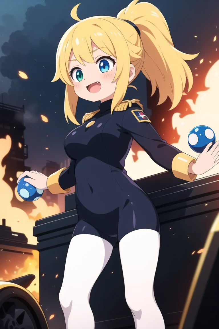 Tools used : a1111, depth midas (0.5), krita || Keywords : girl, young, cute, (oily skin), (shiny body), (slender, lean, thin legs), soldier costume, fire, explosion, happy, yellow hair, ponytail, white thights, magic balls, supernatural, devastated city, outdoor