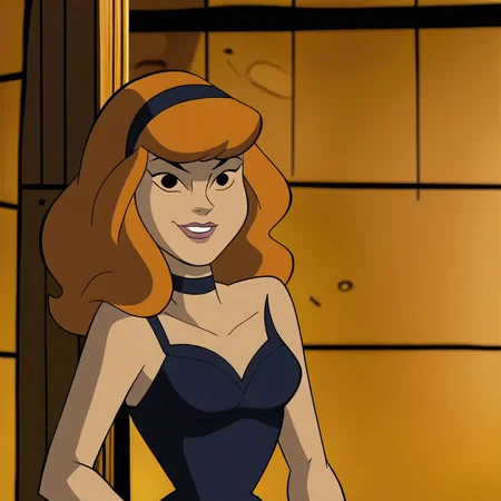 on-model, accurate art style, flat_colors, anime screencap, DaphneBlake_AbracadabraDoo, orange hair, long hair, black hairband, black eyes, black choker, black leotard lingerie, smiling, sexy smile, posing seductively, cabin bedroom