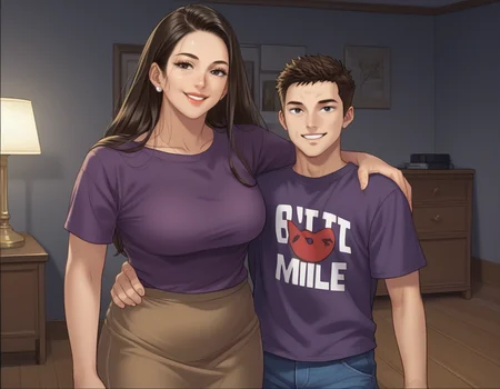 score_9,score_8_up,score_7_up,extremely detailed,sharp focus,<lora:Expressive_H:0.4>,expressiveh BREAK (Soft Lighting Photography by Dubnitskiy David),mother and son,<lora:queenbee_style_pdxl_v1-000024:0.72>,(long haired,hot milf 1girl,a1m33:1.2) with her son BREAK <lora:qb-py0-d4l33_pdxl_v5-000024:0.6>,handsome (1boy,py0:1.2,(black_t-shirt:1.2),jeans) smiling,arm over other,side soft light,Dark environment,highly detailed,oil on canvas,selfie,indoors,<lora:Damaged_Photos_daguerreotype_V1_SDXLBase:0.5>,living room,(happy expression on a1m33 wearing purple shirt,brown skirt:1.1),