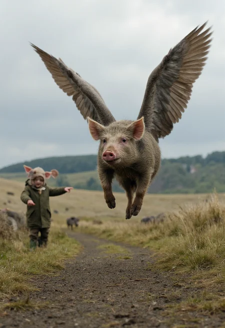 professional photography of a pig with long grey wings flying towards the viewer, high above the ground, with detailed skin feathers and hair, dirty and muddy. In the background, there are more winged pigs, every pig has wings, flying in the sky. A man in an anorak in the distance is pointing at the pig in awe. Set in a rural english landscape, photorealistic, detailed, style of national geographic <lora:dark_cinematic_flux_1_0:1>