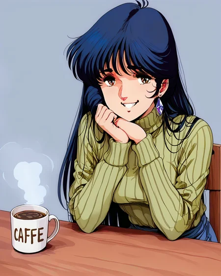 beautiful, <lora:illustrious_XL_minmei:1.23>, minmei, masterpiece, best quality, good quality, highly detailed, newest, huge filesize, 1girl, solo, green ribbed sweater, turtleneck sweater, (cafe:1.3), coffee mug, steam,  sitting, dark blue hair, brown eyes:1.5,  facing viewer, medium breasts,( retro artstyle,1980s \(style\), thick lines), smug, teeth,  (looking at viewer), long hair,  <lora:pony_good_hands:1>, good hands, good_hands,  blue background,  sitting, skirt, table, thick sweater, earrings, sign,