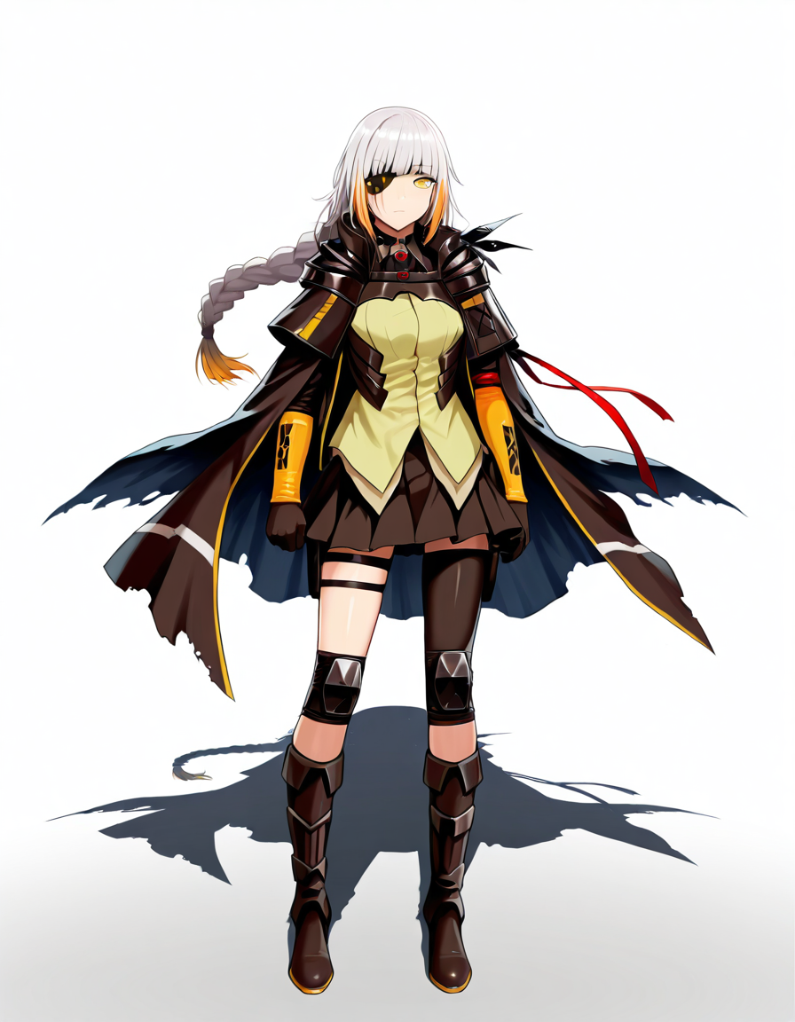 Volumetric Lighting, (masterpiece), (best quality), (ultra-detailed), masterpiece, source_anime, score_9, score_8_up, score_7_up BREAK, illustration, disheveled hair, detailed eyes, perfect composition, moist skin, intricate details, detailed eyes, detailed face, detailed fingers BREAK, M16A1, yellow eyes, white hair,streaked hair, blonde hair, very long braid, single braid, scar across eye BREAK, m16boss, boss_eyepatch, boss_shirt, boss_coat, boss_capelet, boss_yellow_sleeves, boss_black_arm_ribbon, boss_thigh_holster, def_single_cropped_pantyhose, boss_gloves, boss_skirt, boss_necktie, boss_boots, boss_knee_pads, boss_red_arm_ribbon, m16 carbine, BREAK, (((white background))), looking at viewer, standing, shadow, closed mouth