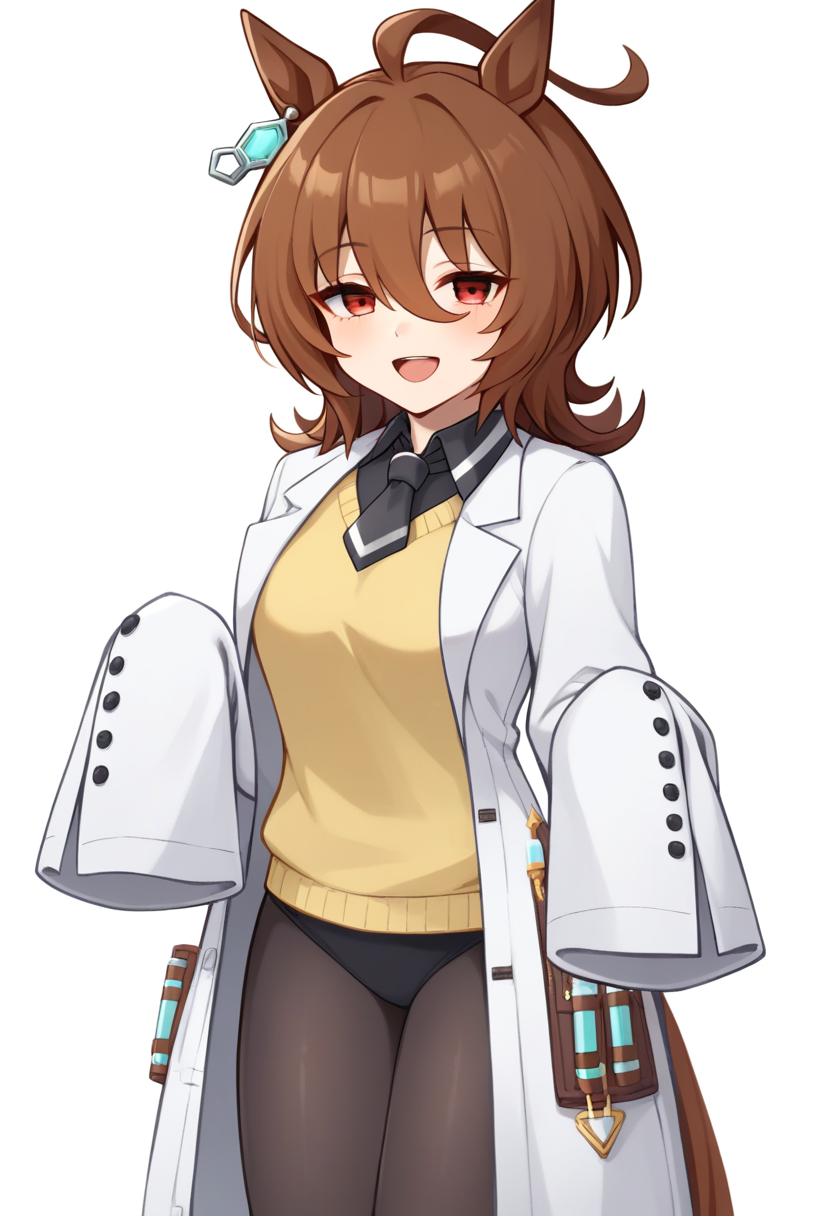 score_9,score_8_up,score_7_up,<lora:fumamusume_all:1>,1girl, agnes_tachyon_\(umamusume\), black_pantyhose, brown_hair, hair_between_eyes, highres, horse_ears, horse_girl, horse_tail, lab_coat, long_sleeves, looking_at_viewer, open_clothes, open_mouth, red_eyes, short_hair, simple_background, sleeves_past_fingers, solo, sweater_vest, white_background, wide_sleeves, yellow_sweater