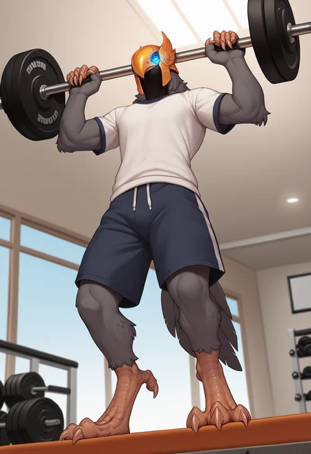 score_9, score_8_up, score_7_up, score_6_up, score_5_up, score_4_up, BREAK, azirpdxl, 1boy, solo, helmet, male focus, gym clothes, gym shirt, from below, claws, grey fur, blue eyes, glowing eyes, bird feet, interior, gym interior, lifting weights, <lora:Azir_-_League_of_Legends_Attempt_2-000005:0.75>, <lora:PersonalAmi_PonyXL:1>