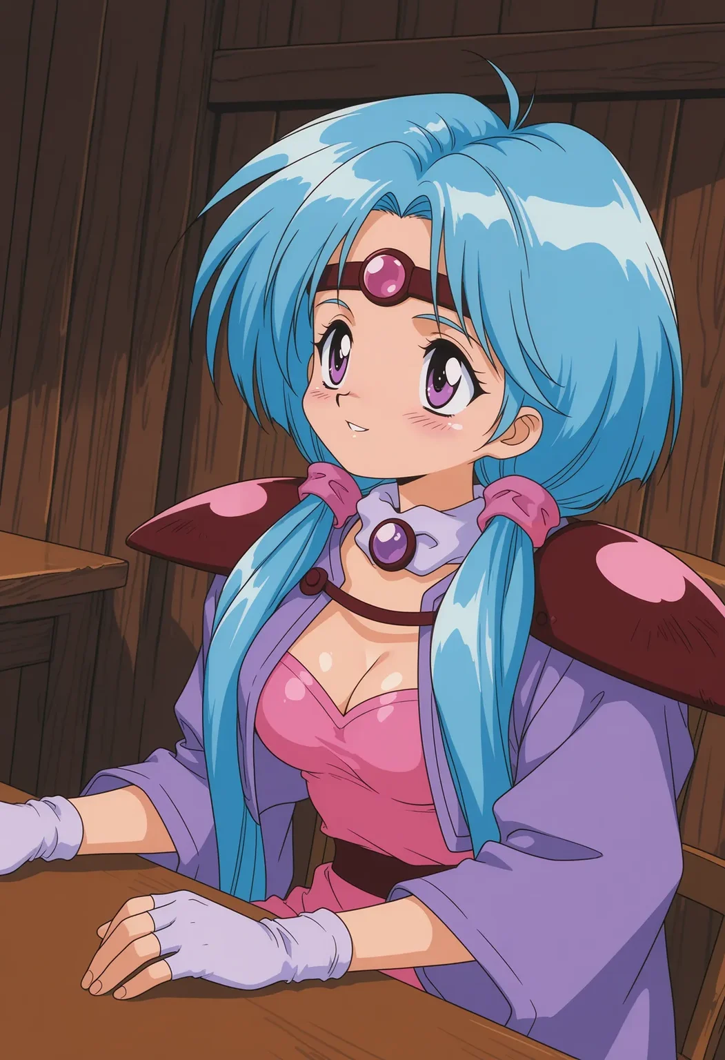 PaffyRNG, shiny skin, shade, 1990s \(style\), film grain, 1girl, solo, indoors, room, wooden wall, looking ahead, dutch angle, portrait,
sitting, chair, table, medium breasts, cleavage, arm rest,
very long hair, aqua hair, low twintails, hair over shoulder, bangs, circlet, purple eyes, blush, smile, parted lips,
white scarf with purple gem, white gloves, fingerless gloves,
shoulder armor, pink dress, purple cape, furisode, wide sleeves,
best quality,amazing quality,very aesthetic,absurdres
<lora:PaffyRNG:1>