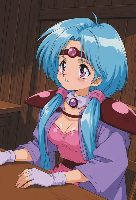 PaffyRNG, shiny skin, shade, 1990s \(style\), film grain, 1girl, solo, indoors, room, wooden wall, looking ahead, dutch angle, portrait,
sitting, chair, table, medium breasts, cleavage, arm rest,
very long hair, aqua hair, low twintails, hair over shoulder, bangs, circlet, purple eyes, blush, smile, parted lips,
white scarf with purple gem, white gloves, fingerless gloves,
shoulder armor, pink dress, purple cape, furisode, wide sleeves,
best quality,amazing quality,very aesthetic,absurdres
<lora:PaffyRNG:1>