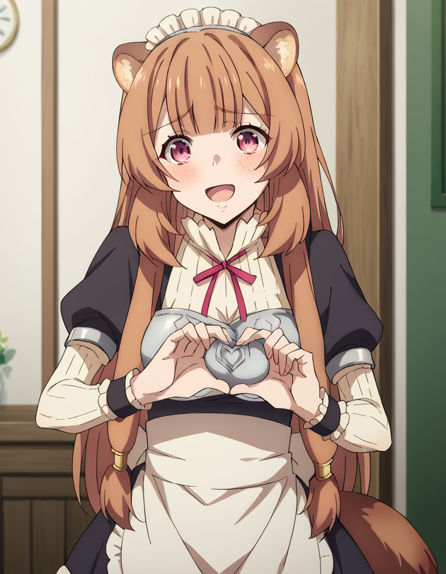 score_9, score_8_up, score_7_up, source_anime, <lora:raphtalia-s3-ponyxl-lora-nochekaiser:1>, raphtalia, long hair, bangs, brown hair, animal ears, raccoon ears, raccoon tail, raccoon girl, pink eyes, medium breasts,, <lora:moe-moe-kyun-ponyxl-lora-nochekaiser:1> heart-shaped boob challenge, moe moe kyun! heart hands, enmaided, maid, maid headdress, apron, maid apron, ,, open mouth, blush, embarrassed, clsoed eyes, smile,, cowboy shot
