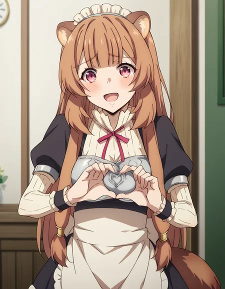score_9, score_8_up, score_7_up, source_anime, <lora:raphtalia-s3-ponyxl-lora-nochekaiser:1>, raphtalia, long hair, bangs, brown hair, animal ears, raccoon ears, raccoon tail, raccoon girl, pink eyes, medium breasts,, <lora:moe-moe-kyun-ponyxl-lora-nochekaiser:1> heart-shaped boob challenge, moe moe kyun! heart hands, enmaided, maid, maid headdress, apron, maid apron, ,, open mouth, blush, embarrassed, clsoed eyes, smile,, cowboy shot