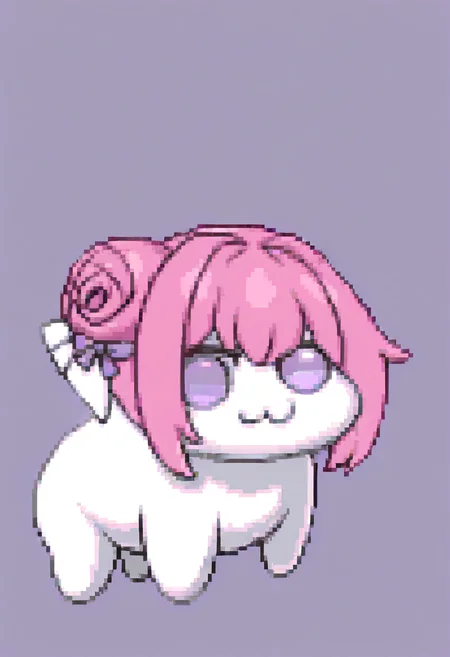 masterpiece, best quality, solo, looking at viewer, 1girl, smile, <lora:Ace-Attorney-Portraits-illus_Fp:1>, portrait, upper body, pixel art, simple background, <lora:doro_xypher_ixl_v1:1>, doro, :3, chibi, no pupils, solid circle eyes, full body, white skin, all fours, dorothy \(nikke\), pink hair, purple eyes, single side bun, hair bow, purple ribbon