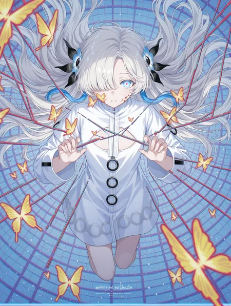 isekai joucho, 
1girl,from below,geometric,limited color,flat_color,glowing eyes,solo,purple and blue tones,looking at viewer,full body,beautifully detailed background,light particles,{cinematic lighting},backlighting,cracked screen,transparent color PVC clothing,transparent color vinyl clothing,whole body,glitch lump,on face,ultra-detailed,extremely delicate and beautiful,album cover,album,album description,glitch art,Pixilation on face,Double exposure,Chromatic Aberration,Light leaks,Noise and grain,Color degradation,Glitch lettering,design,art,abstract art,geometry,clear lines,squares,bright,limited palette,chahua, 1girl, long hair, white shirt, leaf, yellow flower, butterfly, white flower, yellow butterfly, white hair, one eye covered, bangs, holding,pastel color,minute details,colorful,pixel line pixel pattern super pixel,dynamic angle,dynamic pose,dynamic pov, looking_at_viewer,