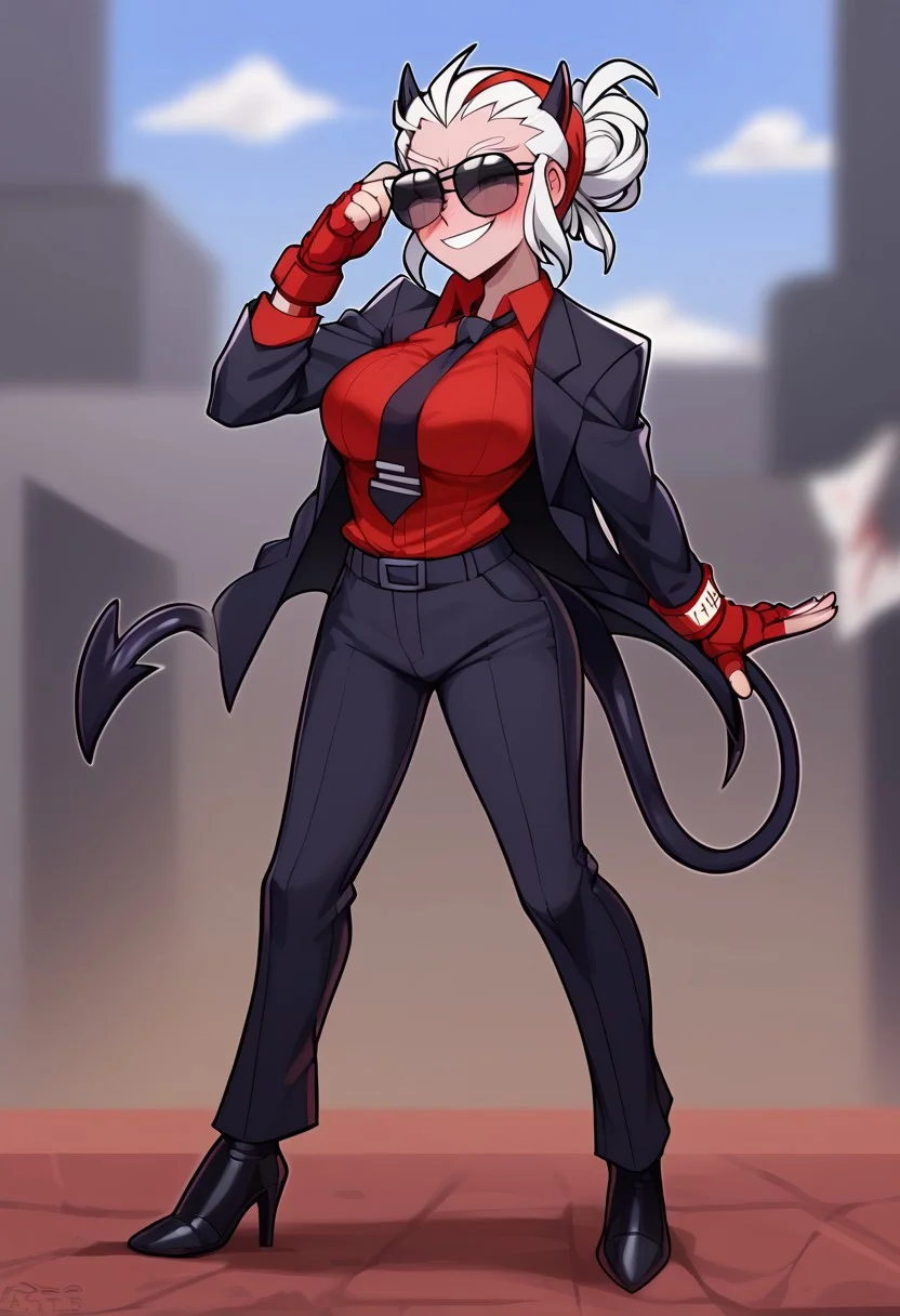 (masterpiece: 1.2), (detail: 1.1), (high resolution, best quality: 1.2), highly detailed background, Score_9, Score_8_up, Score_7_up, Score_6, Score_5, Score_4,
ultra detailed, aesthetic, 1 girl, ((((solo)))
perfect anatomy, 1girl, Justice from Helltaker, justicedef,
short hair, demon horns, sunglasses,
blush, seductive smile,
,female, athletic body, hourglass body, , (big breasts:1.5),perfectly round breasts, slim, Ideal round butt.thick thighs, demon tail
(partially clothed, black jacket,) red shirt, neckline, black necktie, loose office trousers.Fingerless fighting gloves, High heels,
(blurred background: 1.2), (looks at the viewer standing above: 1.1),