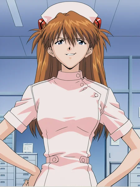 <lora:yakin-kaidan-illustrious-000004:0.9> souryuu asuka langley, nurse, smirk, laugh,
1girl, solo, office, hand on own hip, upper body