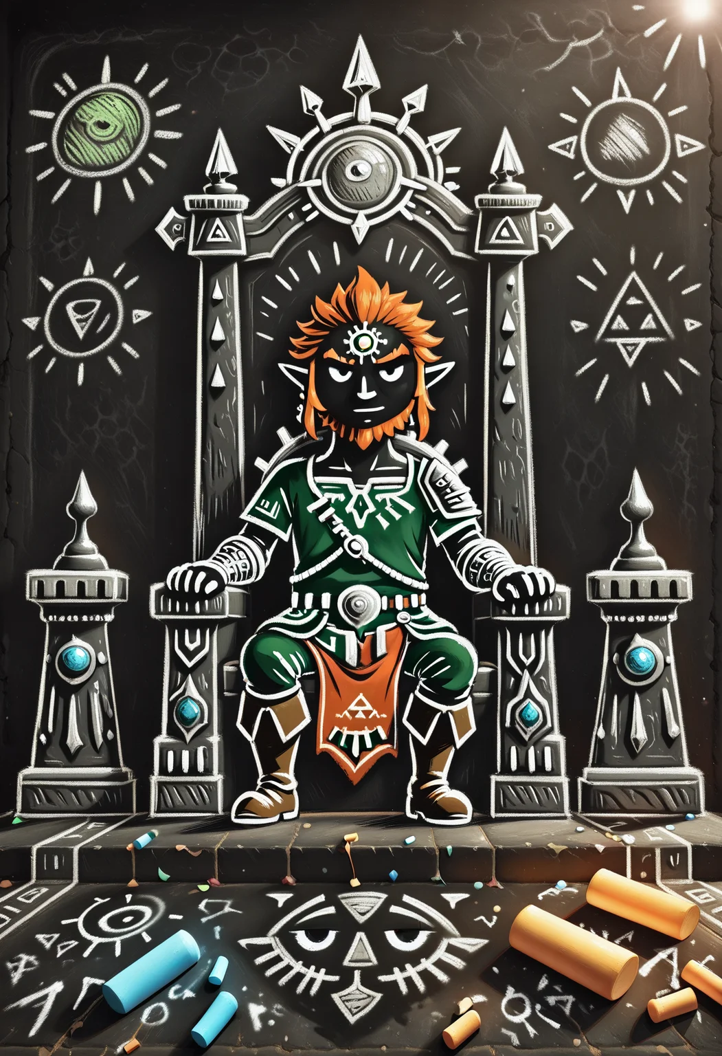 ch4lkdr4w, chalk drawing, highly-detailed, best quality, masterpiece, very aesthetic, 1boy, Ganondorf (The Legend of Zelda), sitting on throne, throne room, kings crown , chalk, black background
