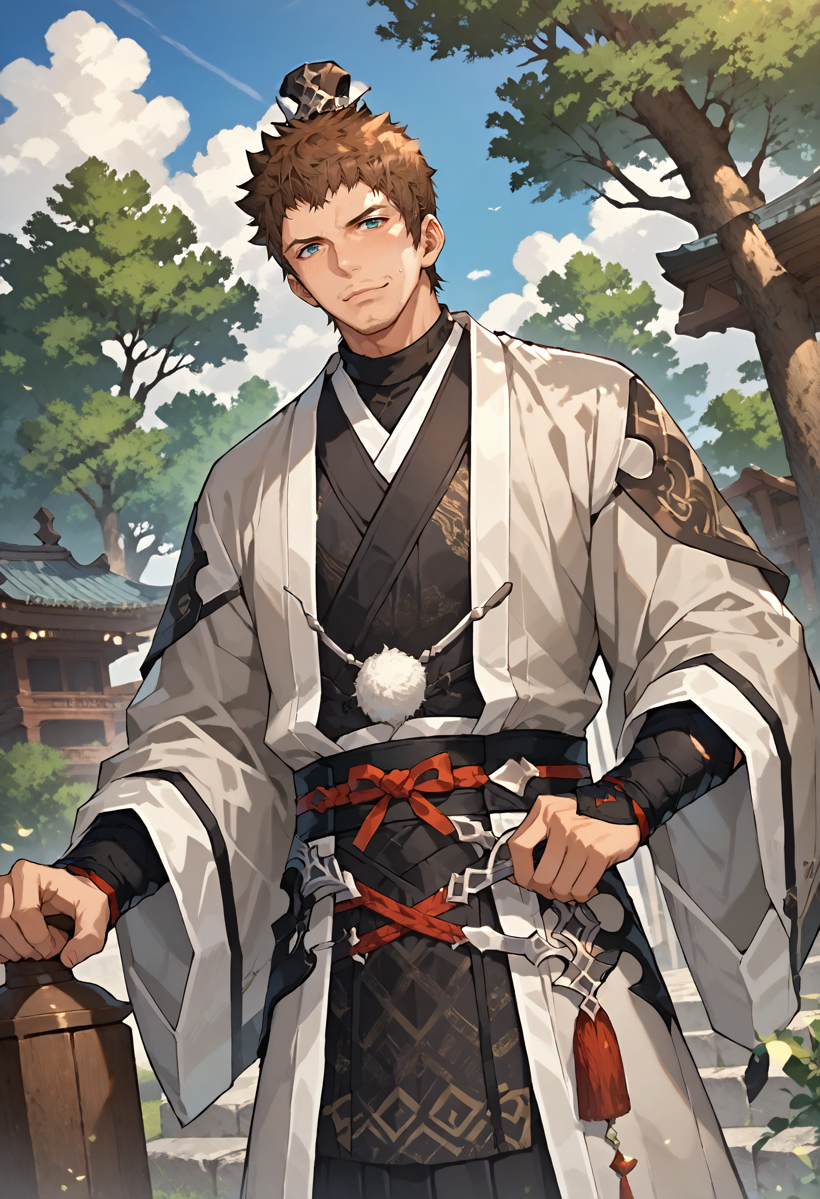 score_9, score_8_up, score_7_up, uncensored, solo, 1boy, 
<lora:FFXIV_-_Ardbert_-_Pony:0.8> ardbert_ffxiv, mature male, 
<lora:ç·å£«æ±æ-Mens_Hanfu:0.6> hanfu, chinese clothes, 
<lora:CartoonStyle:0.5>, <lora:gentarou:0.5> gentarou, <lora:AHR:0.3> AHR, <lora:artbyl2:0.1> art byl, <lora:add-detail-xl:1>, <lora:xl_more_art-full_v1:0.2>, 
best quality, amazing quality, best aesthetic, absurdres