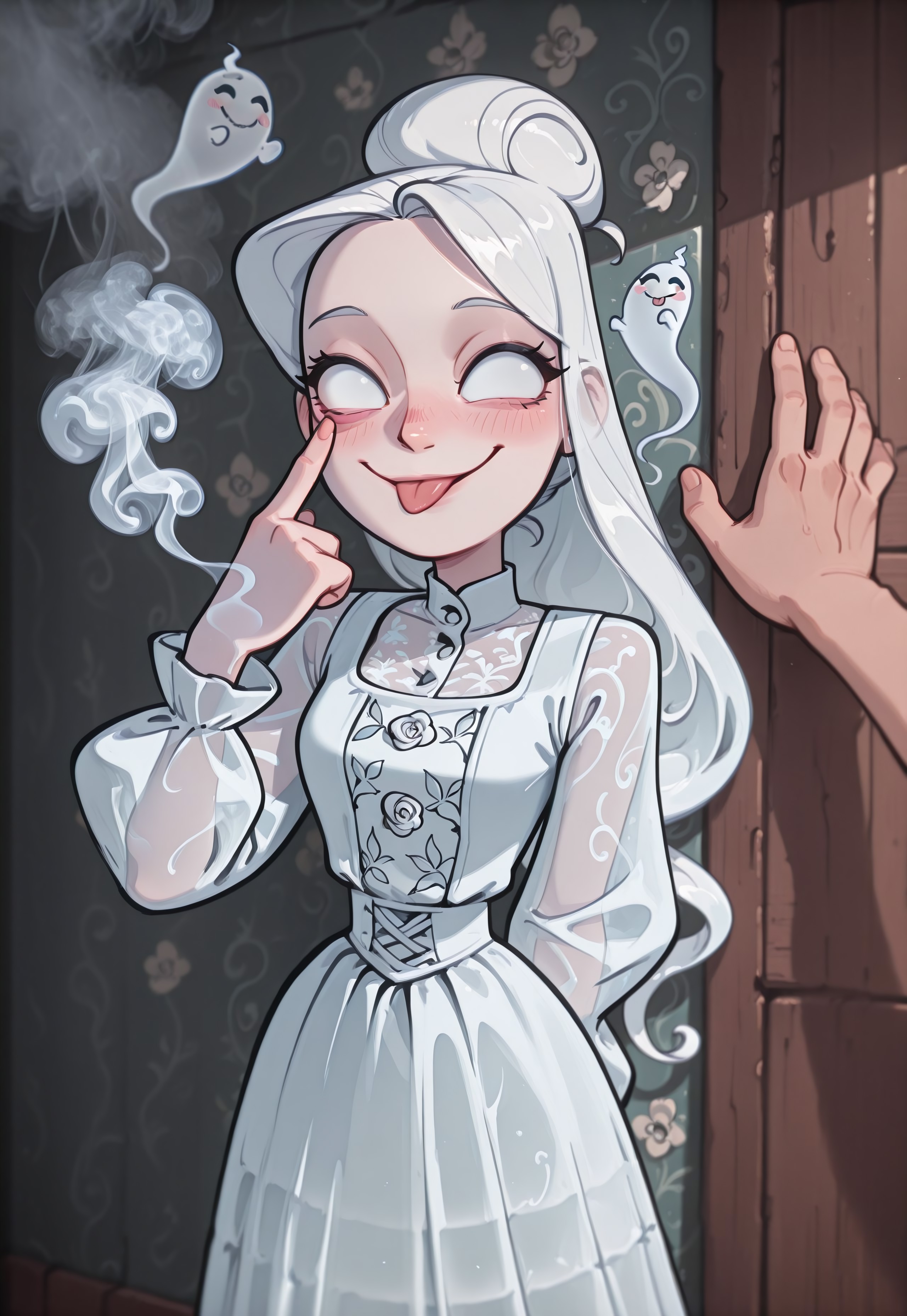 smoove, masterpiece, best quality, very aesthetic, povkabedon, 1girl, solo focus, beautiful ghost woman, translucent body, wisps of smoke, white smoke, long detailed dress, Victorian style, long white hair, pale eyes, no pupils, blushing, akanbe, eyelid pull, finger to eye, tongue out, :p, cute smile, wall with peeling floral wallpaper