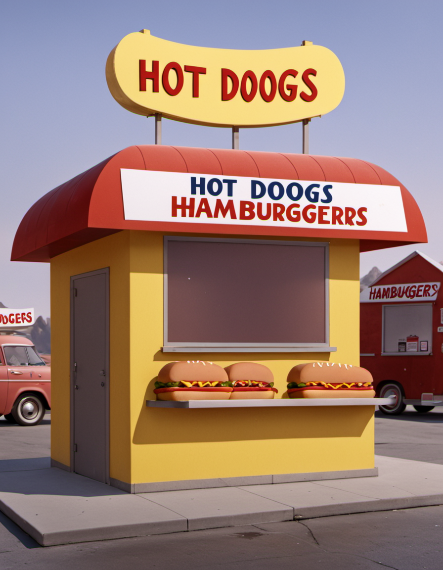 <lora:Mystery_Inc_BackgroundsXL:1> a hot dog stand with a sign on it's roof that says hot dogs hamburgers, long shot