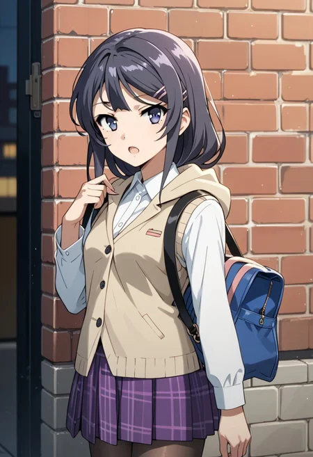 score_9,score_8_up,score_7_up,source_anime,SAKURAJIMA_MAI,1girl,solo,looking at viewer,open mouth,shirt,skirt,long sleeves,hair ornament,standing,jacket,white shirt,pantyhose,cowboy shot,collared shirt,hairclip,hood,bag,vest,:o,black pantyhose,plaid,dress shirt,plaid skirt,hood down,purple skirt,shoulder bag,brick wall,