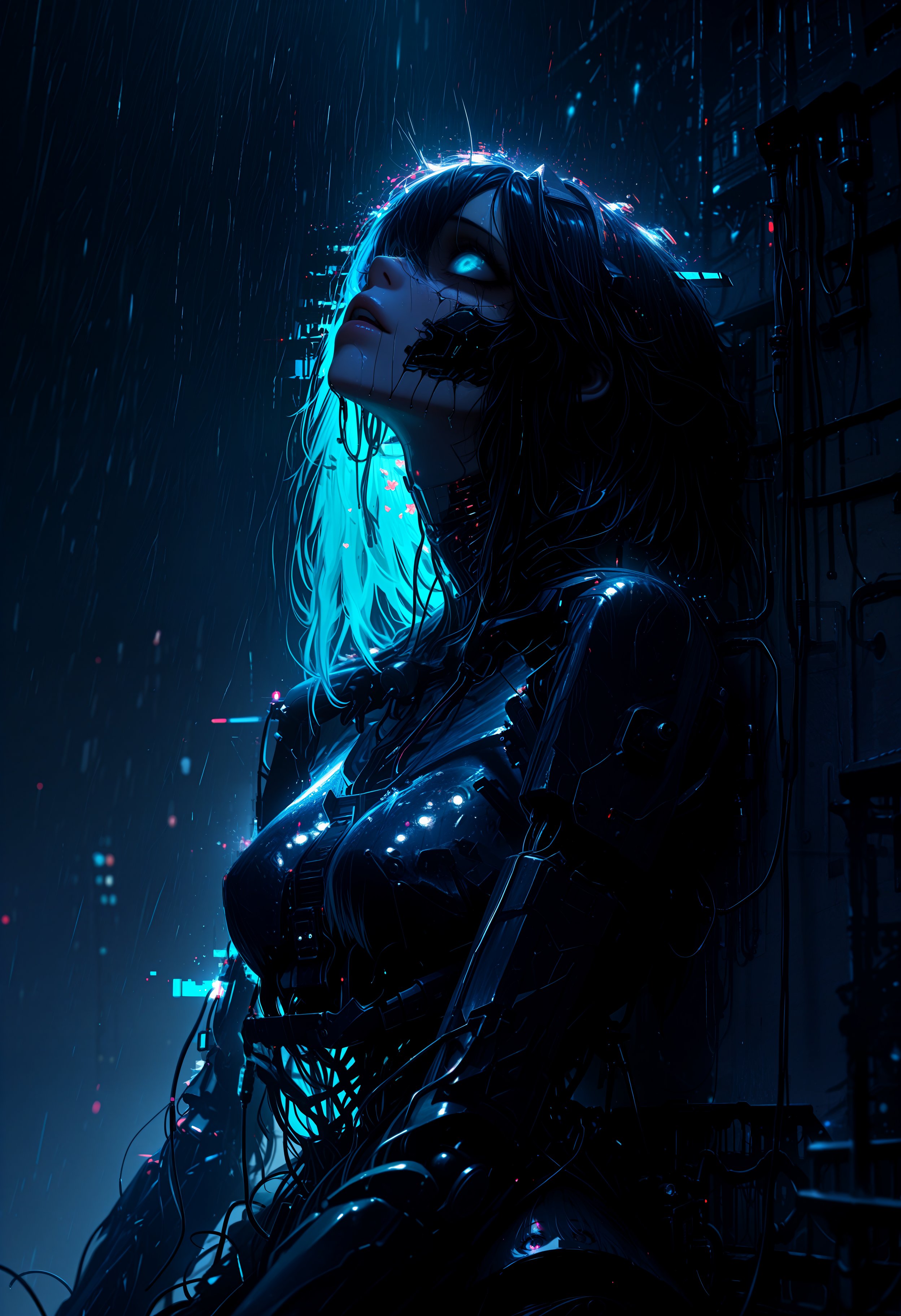 masterpiece, best quality, good quality, newest, highres, cinematic, volume light, no humans, horror (theme), cable, xxx667_illu, glowing, glitch, auralora, realistic, 3d, broken woman android, looking up, sit, back to wall, long thin hair, hand up, neon, lips, rain, night, dark city,  detailed background, <lora:Digital_Dystopia_IL:0.8>,  <lora:XXX477:0.8>,  <lora:Aura_r1:0.5>,  , <lora:illustriousXLv01_stabilizer_v1.121:0.8>,