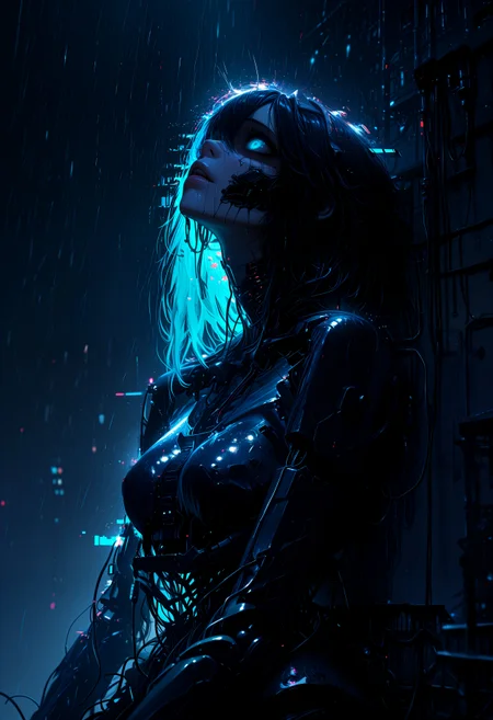 masterpiece, best quality, good quality, newest, highres, cinematic, volume light, no humans, horror (theme), cable, xxx667_illu, glowing, glitch, auralora, realistic, 3d, broken woman android, looking up, sit, back to wall, long thin hair, hand up, neon, lips, rain, night, dark city, detailed background, <lora:Digital_Dystopia_IL:0.8>, <lora:XXX477:0.8>, <lora:Aura_r1:0.5>, , <lora:illustriousXLv01_stabilizer_v1.121:0.8>,