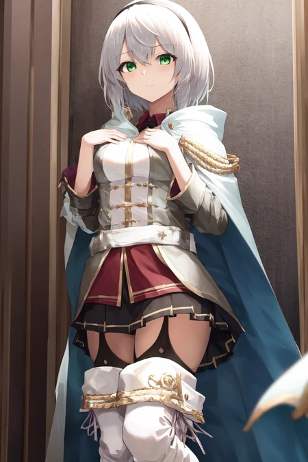 masterpiece, best quality, highres, 1girl amnesia green eyes short hair, white cape black skirt pleated skirt white jacket red shirt garter straps black thighhighs thigh boots <lora:amnesia:1> standing, (hand on own chest : 1.6)