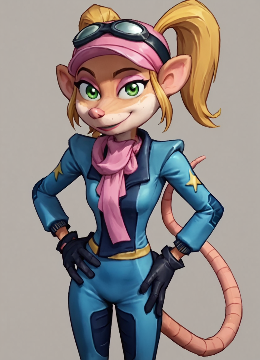 <lora:PasadenaPony1.0:1> pasadena o'possum, 1girl, twintails, racing suit, pink headwear, pink scarf, goggles on headwear, solo, blonde hair, animal ears, gloves, standing, green eyes, furry female, tail, score_9, score_8_up, score_7_up, score_6_up, score_5_up, score_4_up, looking at viewer, hand on own hip, cowboy shot,simple background, smile,