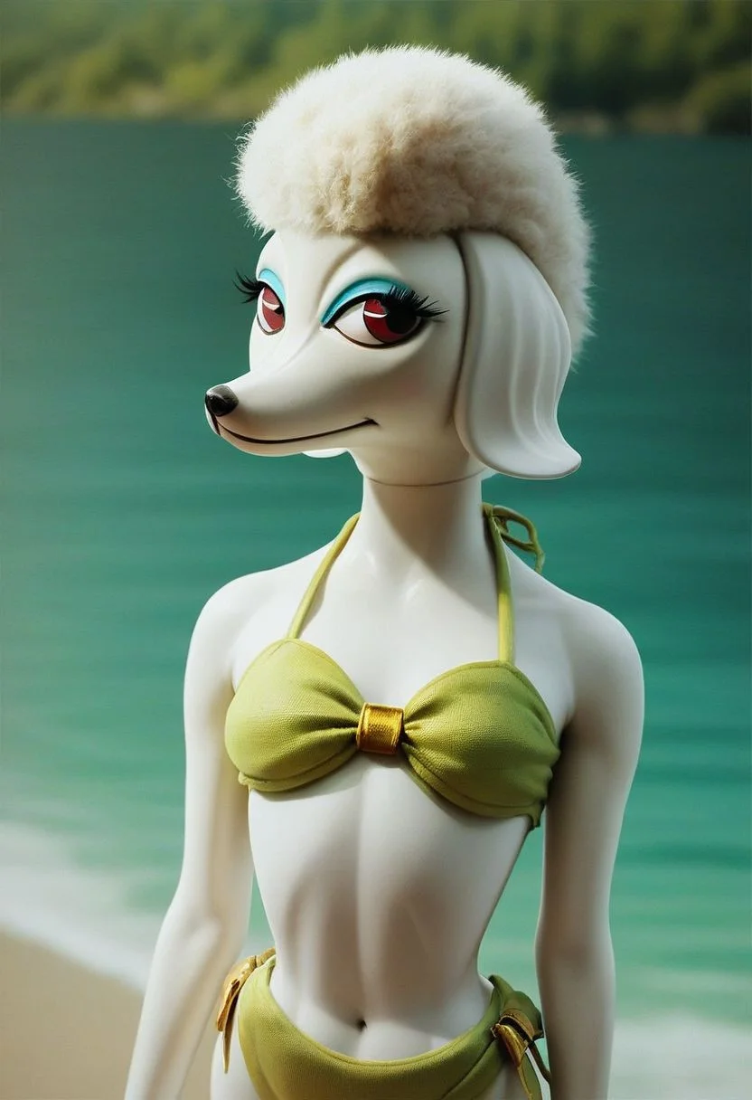 score_9_up, score_8_up, score_7_up, score_6_up, score_5_up, score_4_up, 1girl, solo, pet3na, furry female, anthro poodle, white fur, red eyes, bikini, animal ears, on a beach, (realistic), (painted art)