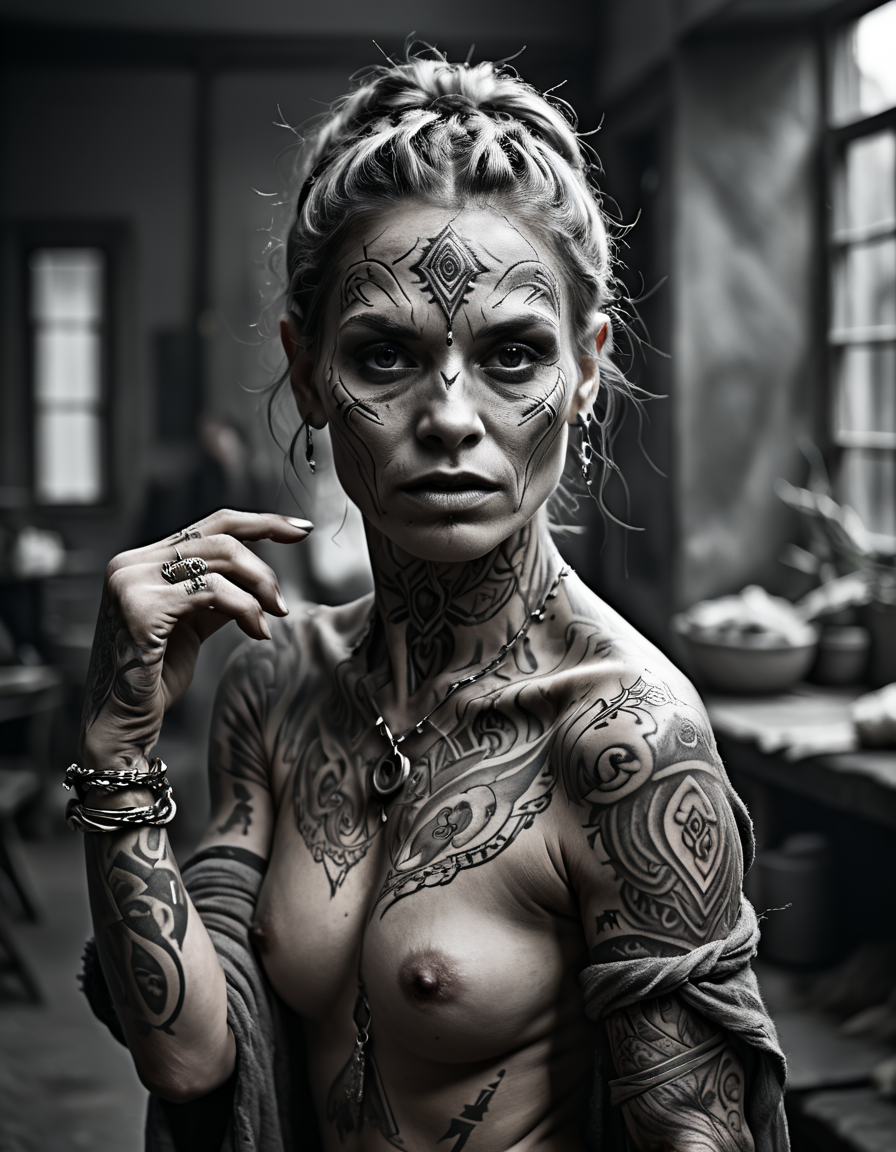 Monochromatic portrait, (intricate facial tattoos:1.3), piercing gaze, (braided hair:1.1), expressive hands with tattooed symbols, (noir aesthetic:1.2), high contrast, detailed shading, (digital art:1.1), Adobe Photoshop, (grayscale palette:1.2), soft textures, realism, 768x768 resolution, subtle reflections, focused lighting, (intensity in eyes:1.1), JPEG format,
