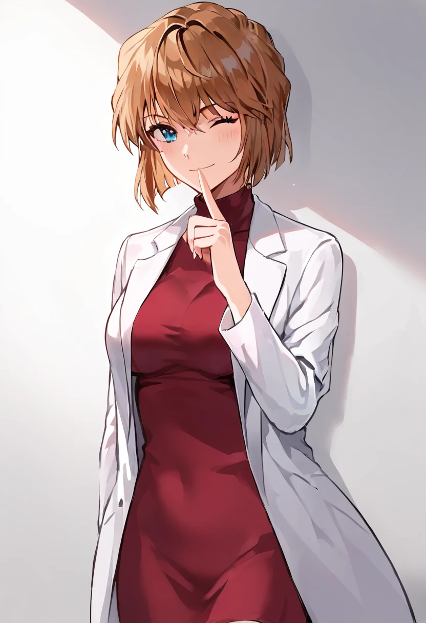 miyano_shiho, brown hair, blue eyes, short hair, medium breasts,labcoat, red dress, dress,
BREAK
indoor, school infirmary background, day
BREAK
cowboy shot, looking at viewer, standing,closed mouth, sexy smile, flirty, shushing, finger near nose, one eye closed,
BREAK
score_9, score_8_up, score_7_up, source_anime ,zPDXL, <lora:Miyano_Shiho:0.8>