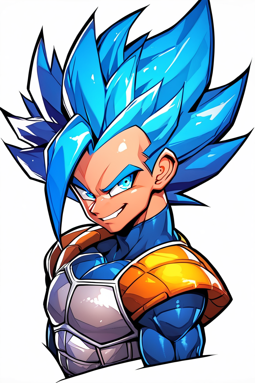 score_9, score_8_up, score_8, medium breasts, (curvy), eyelashes,  solo, looking at viewer, smile, blue eyes, simple background, 1boy, white background, blue hair, upper body, male focus, armor, grin, muscular, spiked hair, smirk, aura, super saiyan, saiyan armor, vegeta,  <lora:Halphelt_PDXL-000008:0.8>, shoulder armor,  embedding:zPDXL, Expressiveh,  <lora:EnergyCAT:0.8>,  <lora:SDXLFaeTastic2400:0.5>,   <lora:Expressive_H-000001:0.4>,