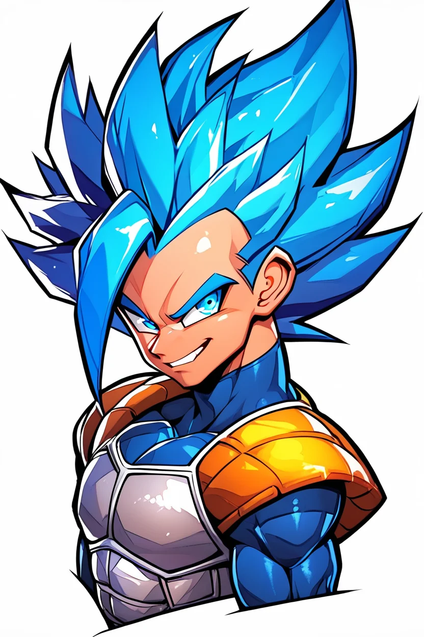 score_9, score_8_up, score_8, medium breasts, (curvy), eyelashes,  solo, looking at viewer, smile, blue eyes, simple background, 1boy, white background, blue hair, upper body, male focus, armor, grin, muscular, spiked hair, smirk, aura, super saiyan, saiyan armor, vegeta,  <lora:Halphelt_PDXL-000008:0.8>, shoulder armor,  embedding:zPDXL, Expressiveh,  <lora:EnergyCAT:0.8>,  <lora:SDXLFaeTastic2400:0.5>,   <lora:Expressive_H-000001:0.4>,
