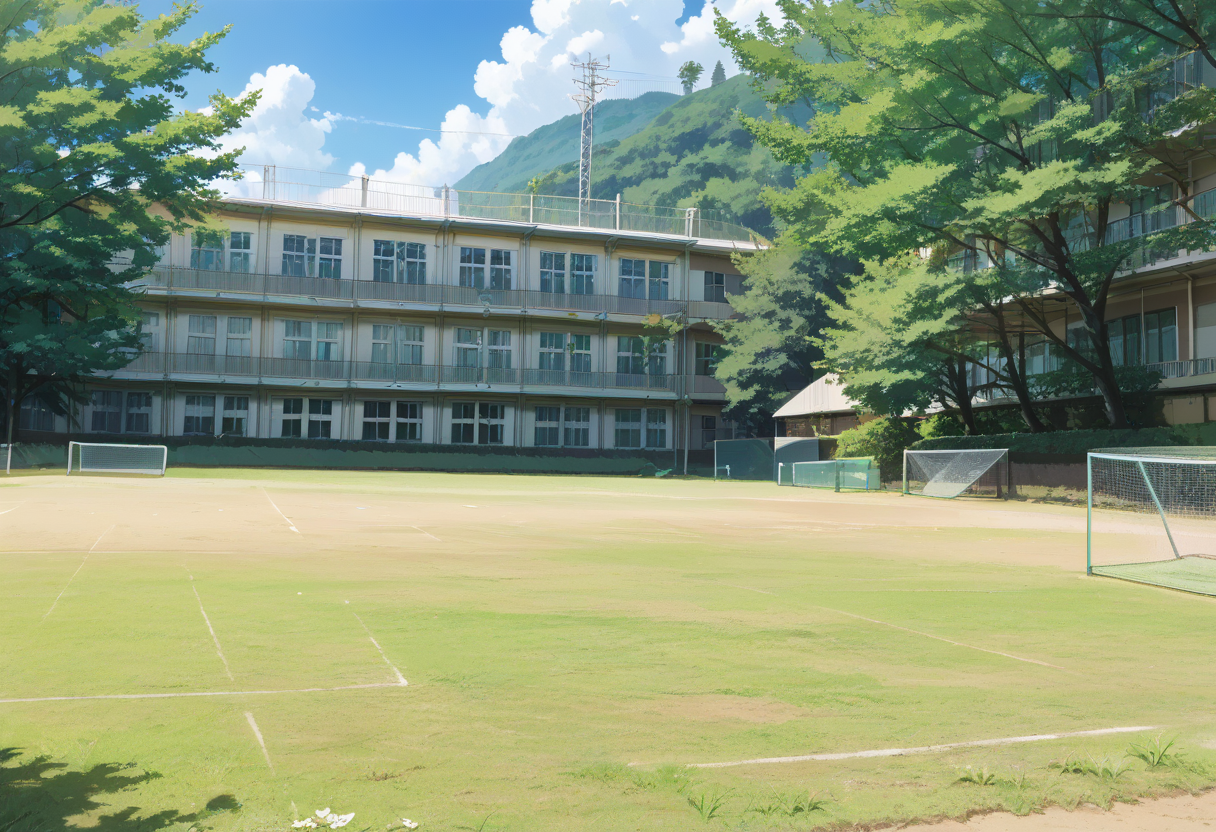 score_9, score_8_up, score_7_up, rating_safe, masterpiece, best quality, absurdres, unity 8k wallpaper, official art, official style, source_anime, uncensored, game cg, megami magazine,
koutei, scenery, outdoors, tree, grass, sky, fence, day, blue sky, power lines, building, field
 <lora:gakkou_ground_PONY_V1:1>