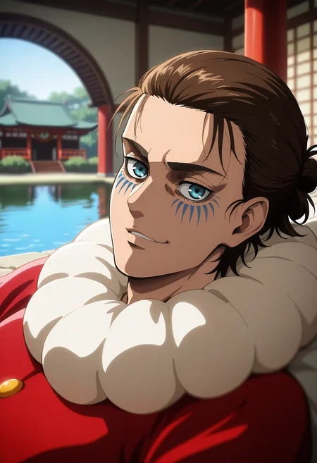 masterpiece, best quality, , , looking at viewer, depth of field, 1boy, solo, male focus, <lora:eren_yeager_ilxl:1>, eren_yeager_s4, brown hair, blue eyes, short hair, hair bun, single hair bun, close-up, pond, arch, japanese architecture, noon, lying, on back, smirk, clown costume