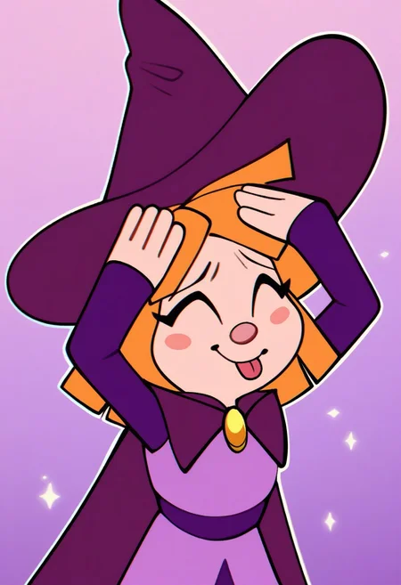 score_9, score_8_up, score_7_up, AhEtoBlehMeme, closed eyes, tongue out, :p, hands on own head, smile, <lora:AhEtoBlehMeme_pdxl_Incrs_v1:1>penny (enchanted portals), blush stickers, witch hat, purple witch hat, orange hair, short hair, purple cape, purple dress,