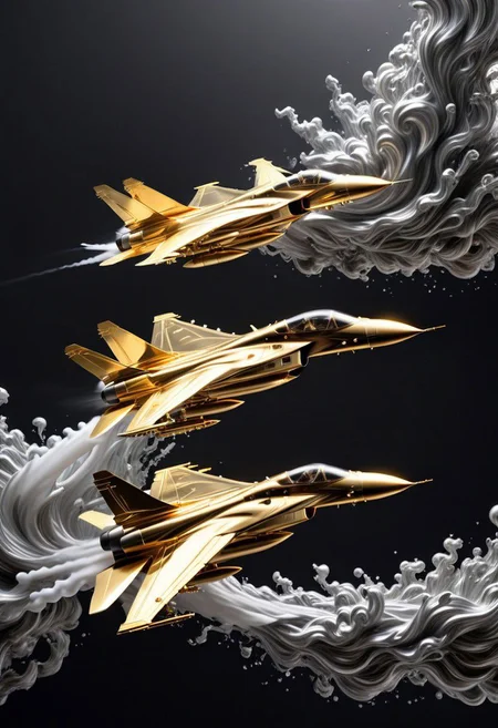 GOLD LIQUID METAL jet fighters, racing through SILVER LIQUID METAL clouds, liquid metal sprays from there jets, flying through a black void
