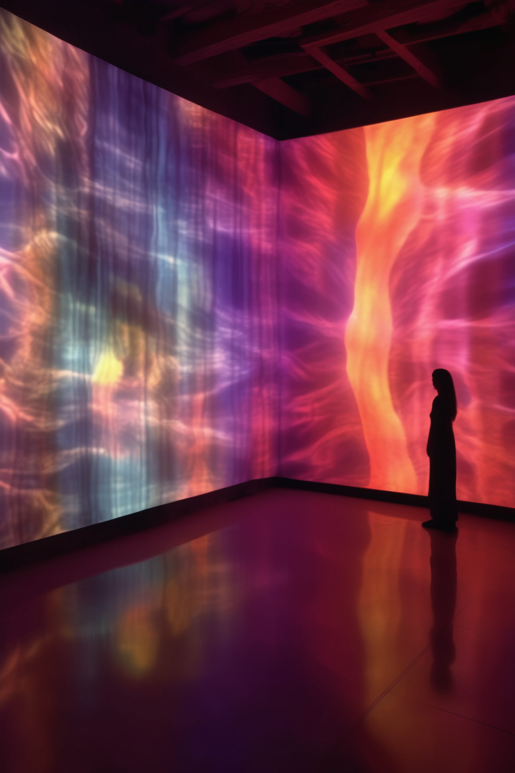 <lora:Video installation:1>Video installation - Visual Works. LIQUID LIGHT SHOW PROJECTION, aestethic compostition, Emphasizing sensory input, Dreamlike colors, indoor visionary art
