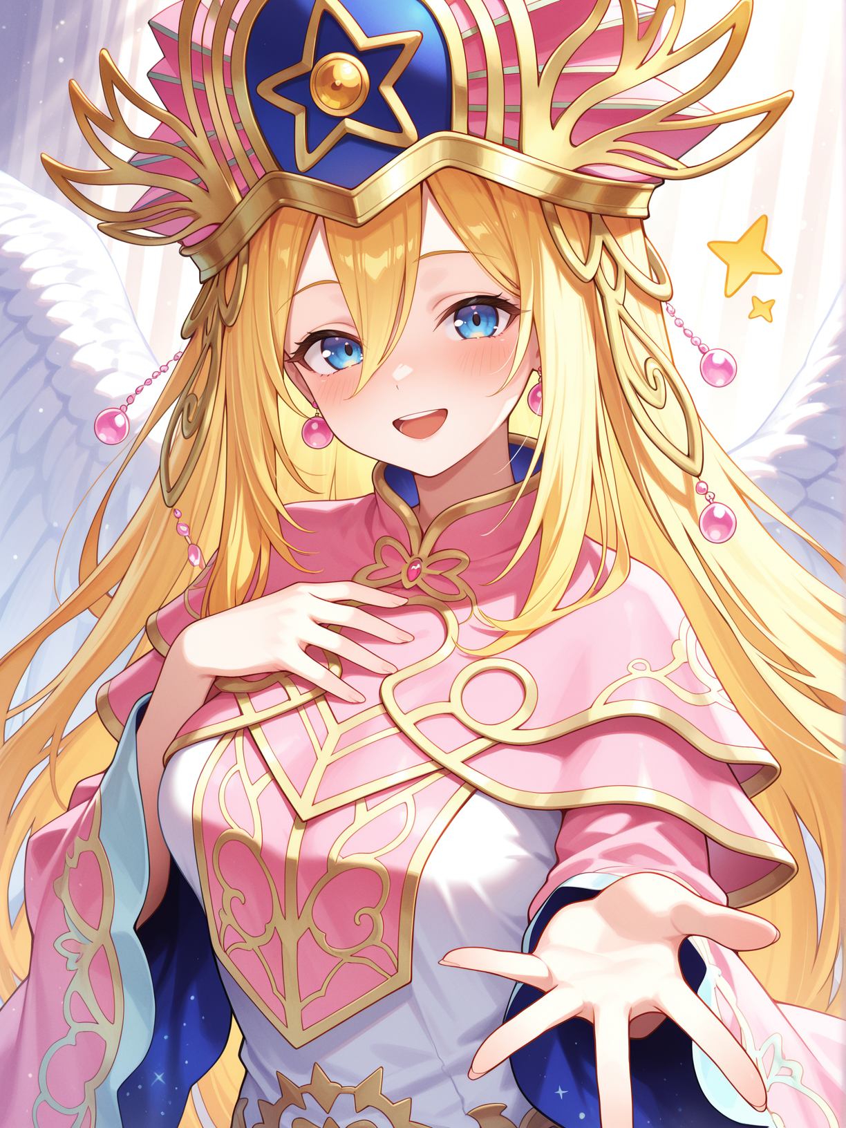 elemental grace doriado, official alternate costume, doriado, 1girl, solo, pink earrings, open mouth, smile, blush, looking at viewer, upper body, open hand, :d, angel wings, star \(symbol\), light rays, very long hair, pink wizard hat, pink rope, hand on own chest, ^^^
masterpiece,best quality,amazing quality,very aesthetic,absurdres,newest,<lora:Doriado 4 in 1 illusXL v1.1:0.7>,