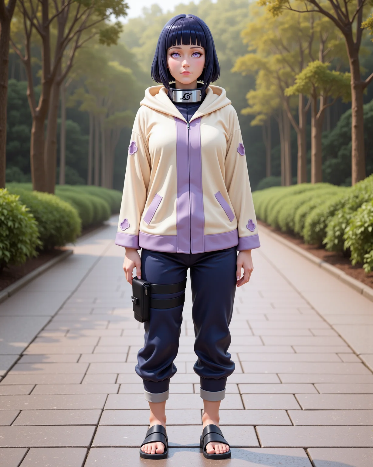 -looking at viewer, outdoors daylight, a 20 year old adult mature woman.
PhotoRealistic Style, front view photo of.
<lora:Naruto_-_Hinata_v2-000030:1> n-hinata, purple eyes, blunt bangs, black hair wearing cream hooded jacket with lavender accents, navy blue pants, blue ninja sandals, Konoha forehead protector
Upper Body view passport style
