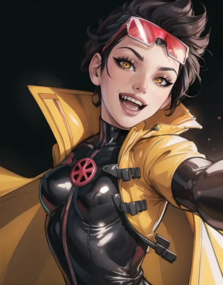 beautiful, (masterpiece:1.2), (best quality:1.2), 1girl, jubilee, black bodysuit, yellow raincoat,  vampire teeth, open mouth, smile, evil eyes,  <lora:jubilee2-10:0.7>, foreshortening, depth,