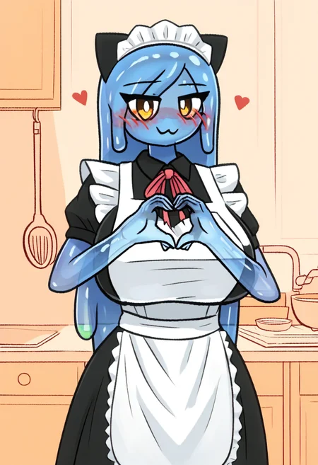 <lora:tfancs style v1.0:0.8> tfancs, by tfancs, flat color, blush, monster girl, large breast, colored body, slime, slime girl, transparent body, blue body, yellow eyes, preparing breakfast, :<, <lora:DetailedPerfect_hands_r1:0.7> detailed hands, perfect hands, semi-realistic hands, fingers, heart hand, upper body shot, 1girl, solo, solo focus, female focus, score_9, score_8_up, score_7_up, score_6_up, apron, maid, maid outfit, maiden, black and white dress, indoor, inside kitchen, cooking, kitchen, cooking accessories