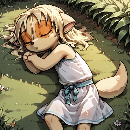 Dreamkeepers,1girl,Paige,solo,furry,tail,source_furry,blonde hair,
masterpiece, child, kid,
grass, laying, sleeping, summer, outside, messy hair, white summer dress,