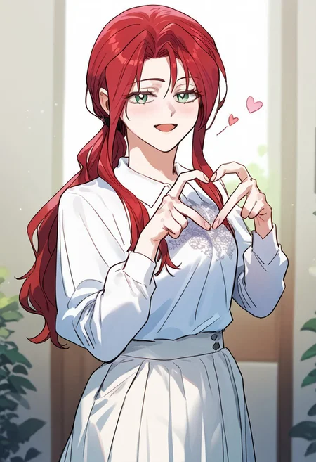 safe_pos, zPDXL3, score_9_up, score_8_up, score_7_up, (Anime_source), 4-finger heart hands, heart hands, closed eyes, open mouth, happy, cowboy shot, looking at viewer, blush, AstinaLette, green eyes, red hair, long hair, half closed eyes, seductive smile, skirt, shirt, low ponytail