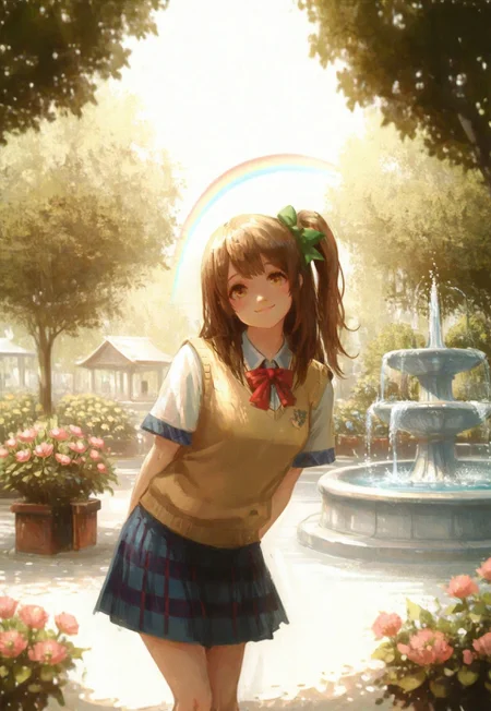 masterpiece, best quality, amazing quality,
1girl, (aged up:1.2), leaning forward, cute, smile, looking at viewer, head tilt happy, excited,dappled sunlight,sun light,tree shadow, lovelive_kotori,yellow sweater vest, short sleeves, blue plaid skirt, red bowtie, breasts, grayish brown hair, green hair bow, bangs, one side up, long hair, amber eyes, cute girl
BREAK
detailed background, street, daylight, day, sunlight, dappled lighting, realistic shadow, sketchy strokes, potted plant, flowers, garden, fountain, water splashes, depth of field,usnr,rainbow, cinematic shot, bokeh