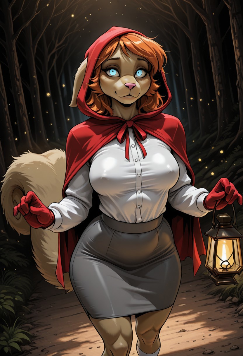 GillyMS, 1girl, solo, furry female, anthro, brown fur, colored skin, animal ears, orange hair, bangs, blue eyes, pink snout, large breast, thick thighs, large fluffy tail, red hood, white shirt, red cape, grey skirt, white socks, brown shoes, red gloves, lantern,
,seductive pose, sexy pose, tease, 
masterpiece, best quality, fine details, intricate details, depth of field, subsurface scattering, bokeh,
 ultra-detailed, very aesthetic, detailed background, newest, scenery, highres, absurdres, colorful, vibrant, glowing, perfect face, 2d, perfect eyes,  vibrant saturated colors, volumetric lighting, sharp, detailed eyes, perfect anatomy,  perfect face, perfect eyes, mature body, clear eyes, beautiful eyes, athletic, curvy body, athletic girl, perky tits, perfect tits, round breasts, pinup pose, teasing, lustful expression, perfect hands, 
muscular female, dutch angle,  dynamic pose,
, 
,Smooth Negative, Smooth_Quality,