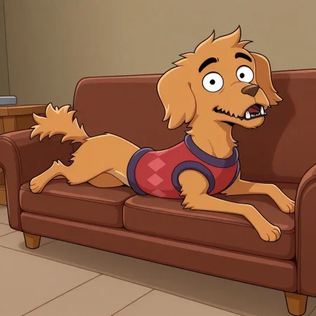 Diablo(HB), Solo, 1boy, feral, dog, terrier, brown fur, black eyes, brown nose, dog ears, dog tail, red vest, fangs, full body, looking at viewer, smile, laying on couch, living room background,