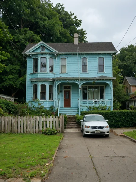 score_9,score_8_up,score_7_up, (v1ct0r14n:1), arched windows, bay windows, transom, small cornice, clapboard siding ,trim, ornate molding, columns on portico,  human scale, whole house in frame, tree,  power lines, telephone lines, car parked in front, circa 2025, fence, bushes, front view,  straight on,  short cornice, short architrave, white paint, clapboard siding, 2 floors, house,<lora:Victorian_House_Pony:0.9>