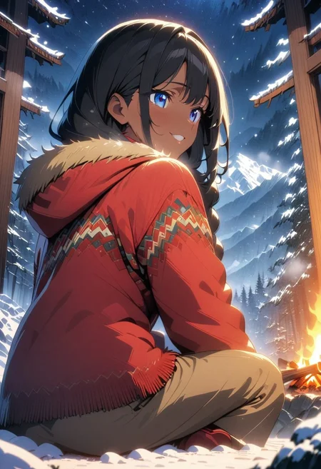 gorgeous lips, cinematic, (masterpiece), (best quality), (ultra-detailed), very aesthetic, illustration, perfect composition, intricate details, absurdres, detailed face, (anime, masterpiece, intricate:1.3), (best quality, hires textures, high detail:1.2), (4k),(incredibly detailed:1.4)
Footbath, beautiful girl,, foot of a snowy mountain, sitting on a rock, snowy forest, campfire, black hair, no bangs, long hair, , shy smile,, hair blowing in the breeze, whispy clouds in the sky, evening, winter, forest mountains, starry sky, snowing, far from the city center, mountainous countryside, perfect quality,cute smile, Looking back, beautiful scenery, high resolution, Himalayan style fur lined red Parka, fur lined hood, pants, red boots, pants, yellow mittens, braided hair, tan skin, brown skin, blue eyes, θζ―γγ·γγγγͺ, θζ―, γ·γγγγͺ,<lora:more_details:0.5>